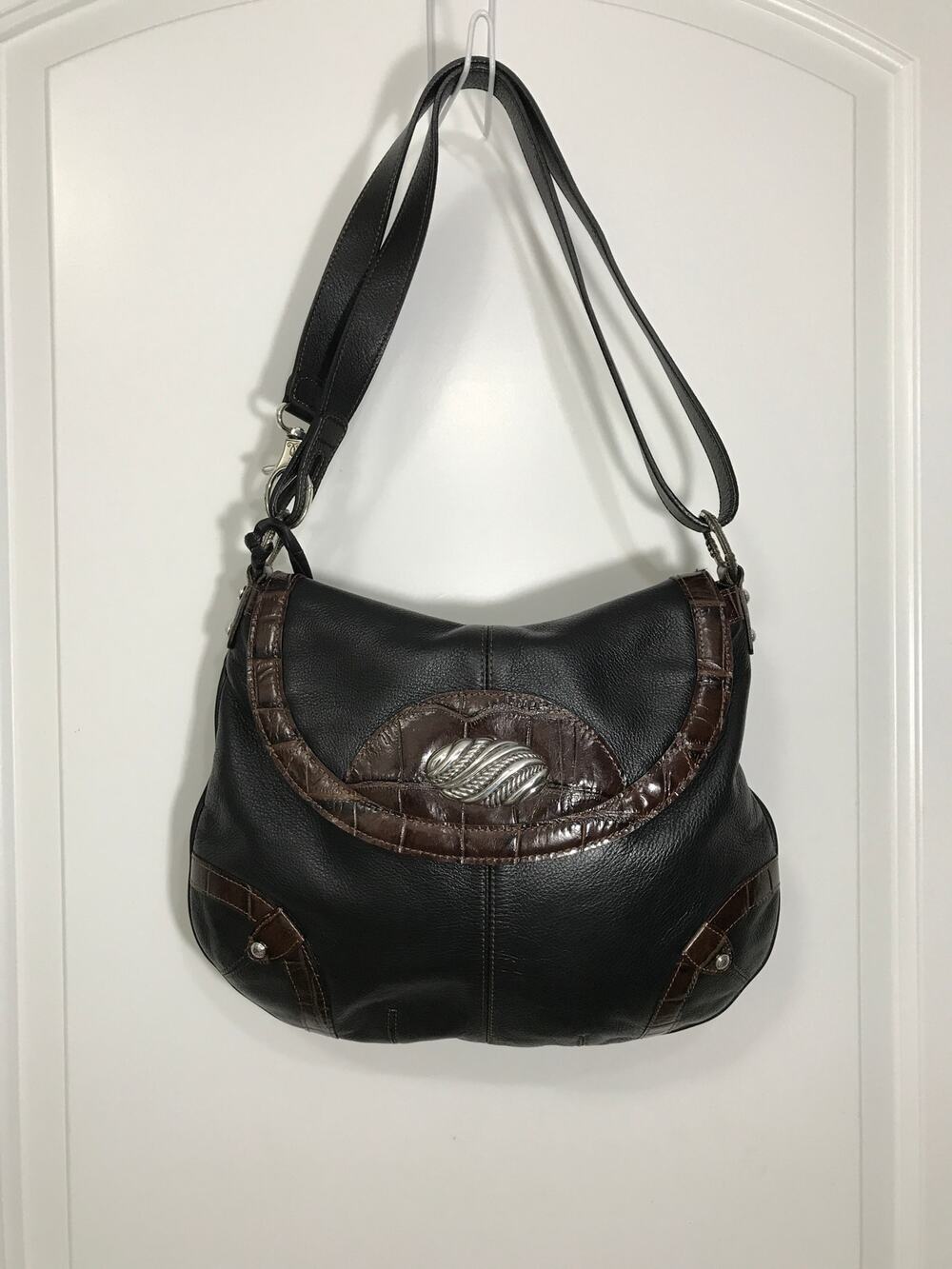 Brighton Black Pebbled Leather with Brown Croc Embossed Trim Medium Shoulder Bag